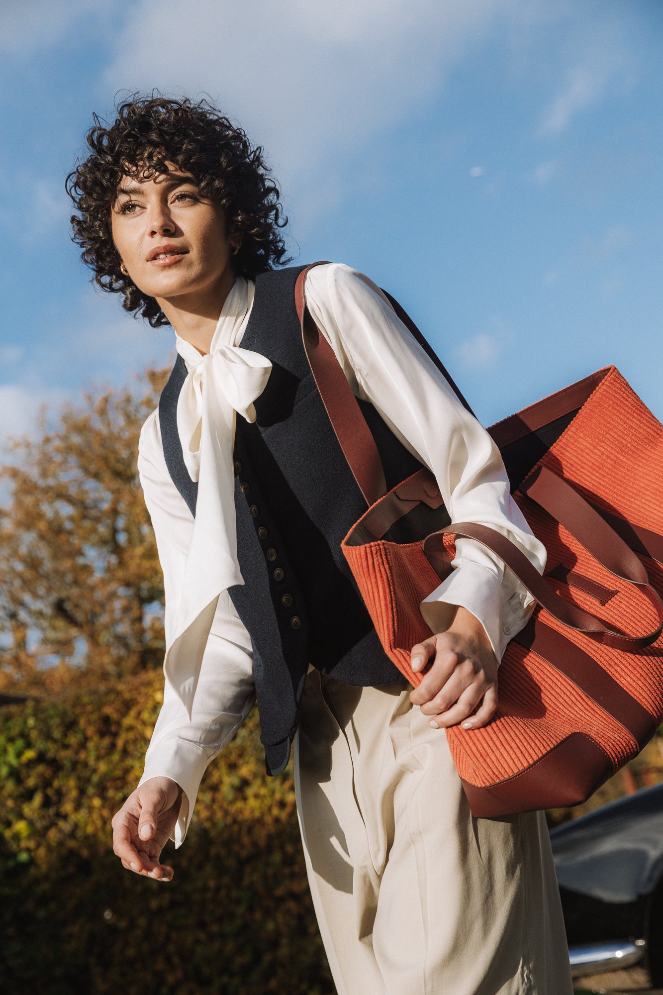 The Oversized Corduroy Tote Bag, Pumpkin & Claret