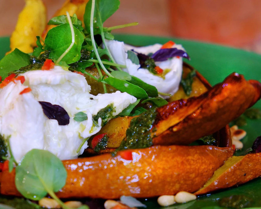 ROASTED PUMPKIN WITH BUFFALO MOZZARELLA, CHILLI AND AN OREGANO AND BASIL DRESSING