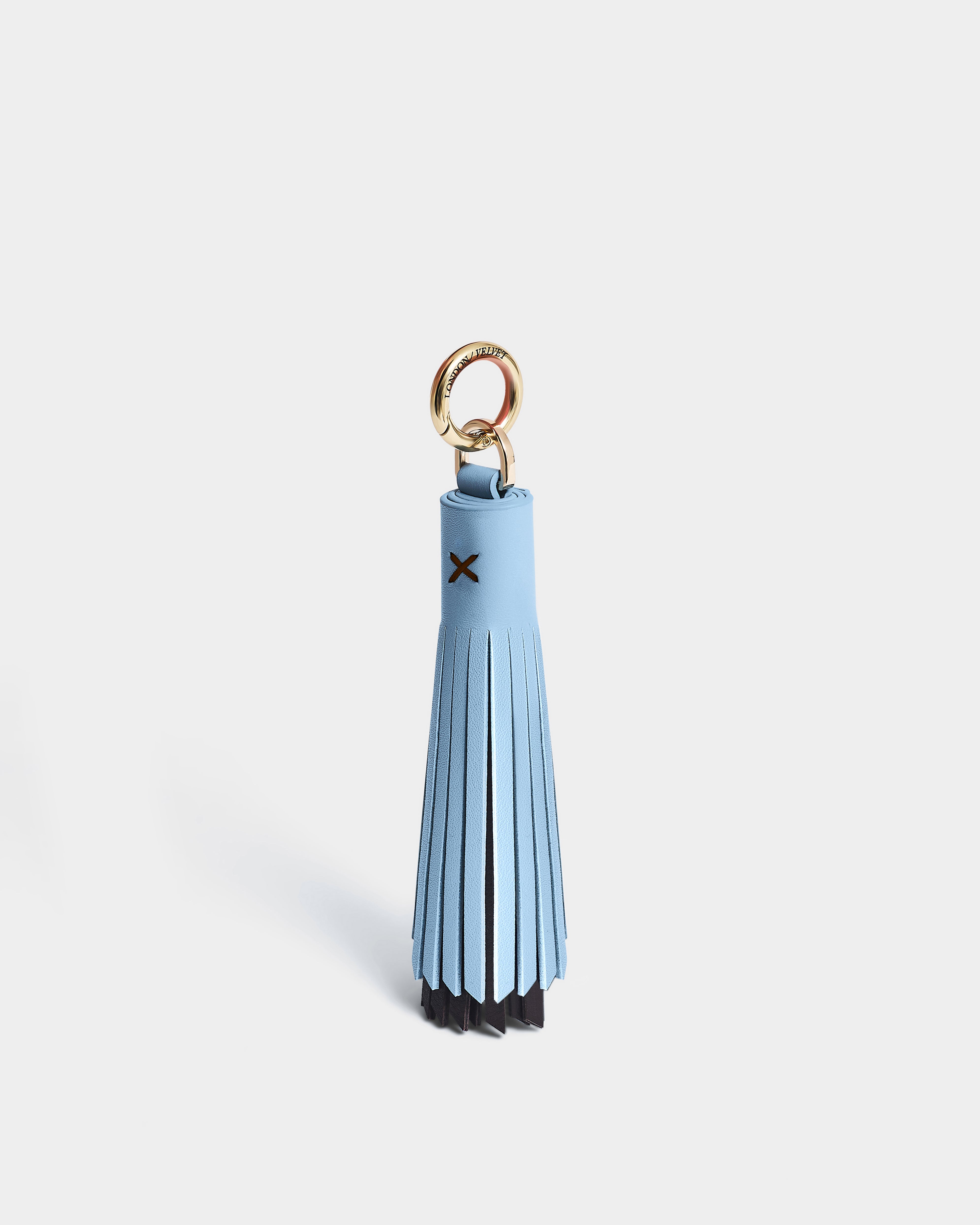 Light blue tassel keychain with gold ring on a white background
