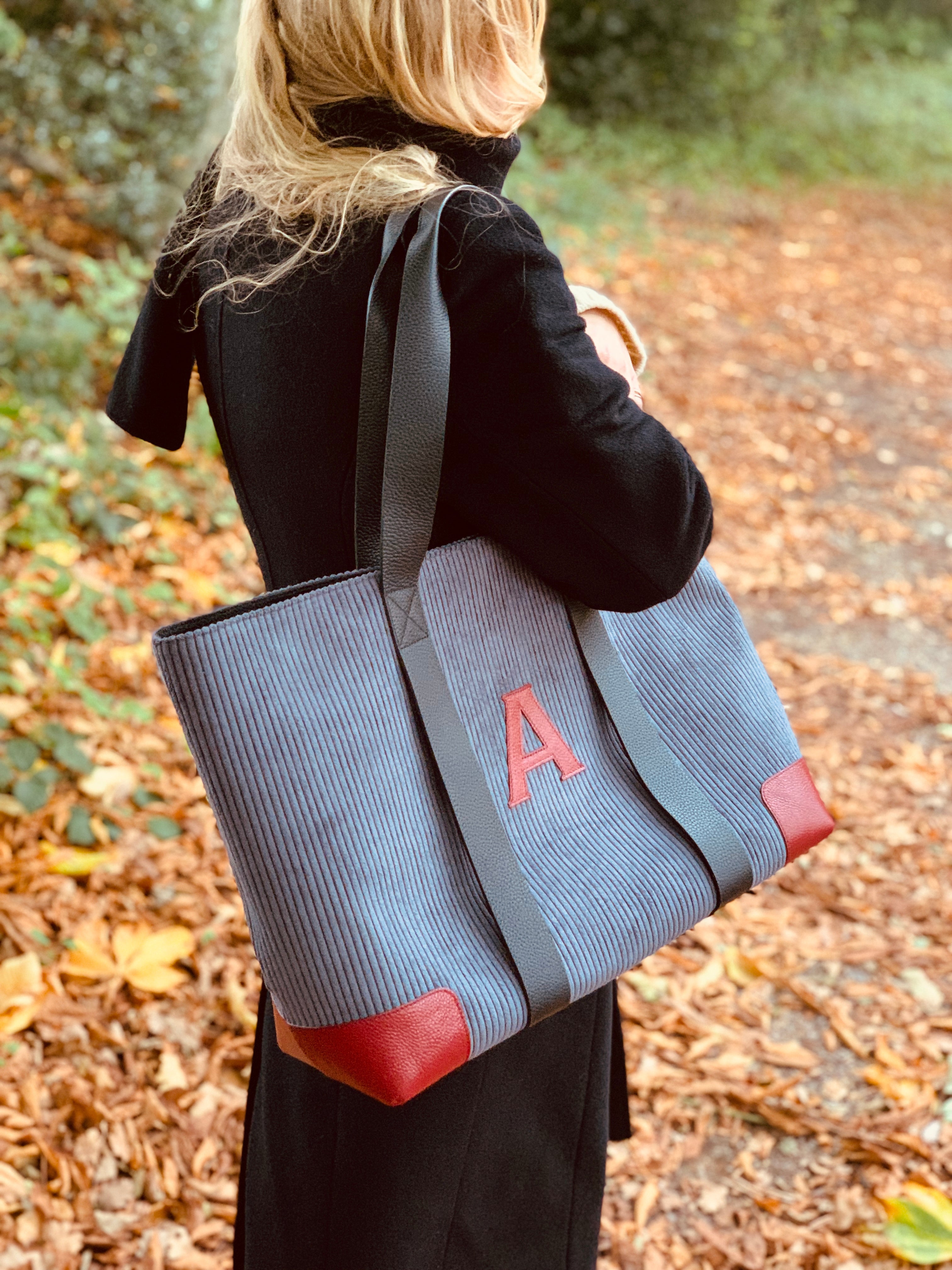 The Oversized Corduroy Tote Bag, Charcoal-y & Claret
