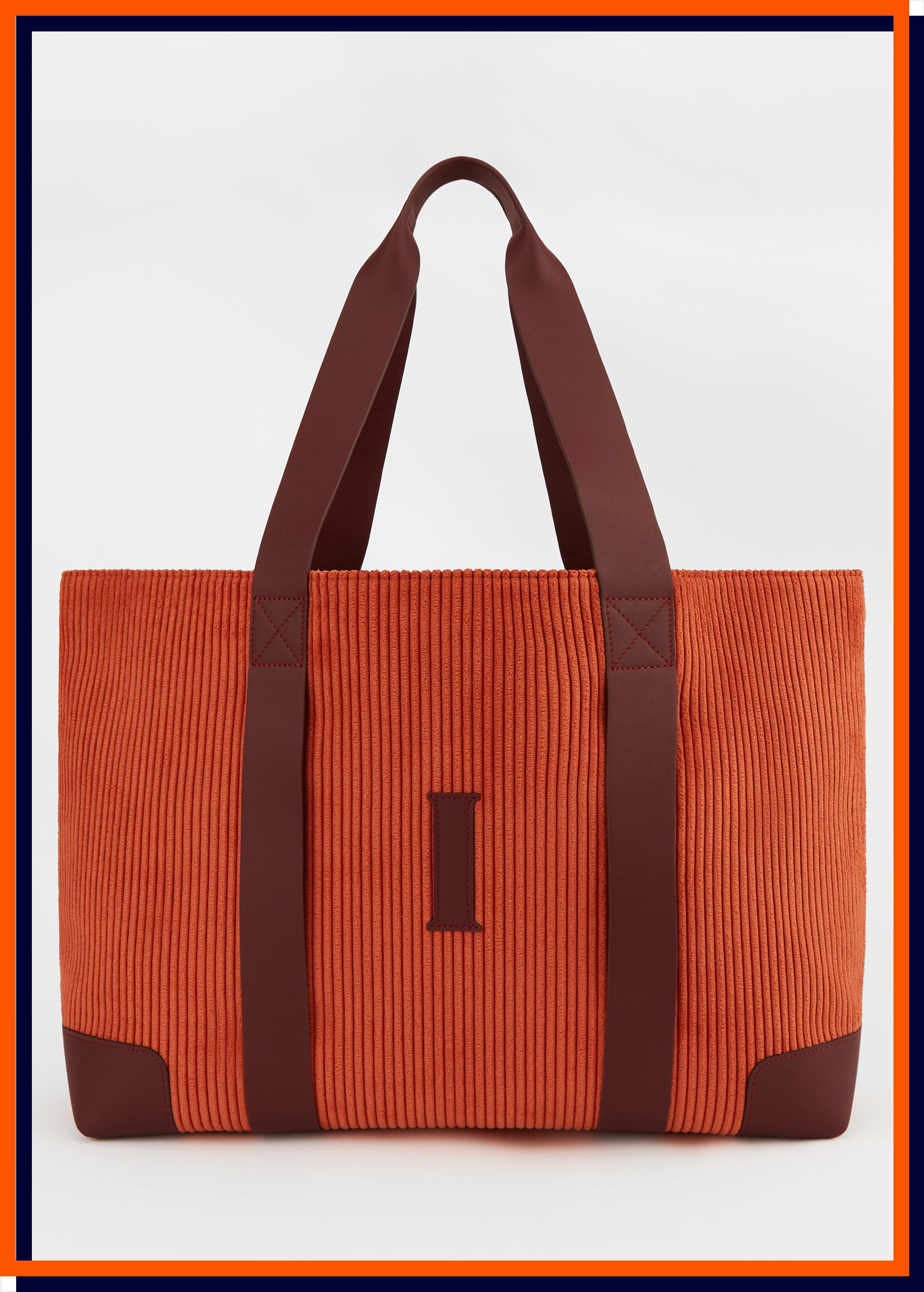 Letter 'I' The Oversized Corduroy Tote Bag, Pumpkin & Claret