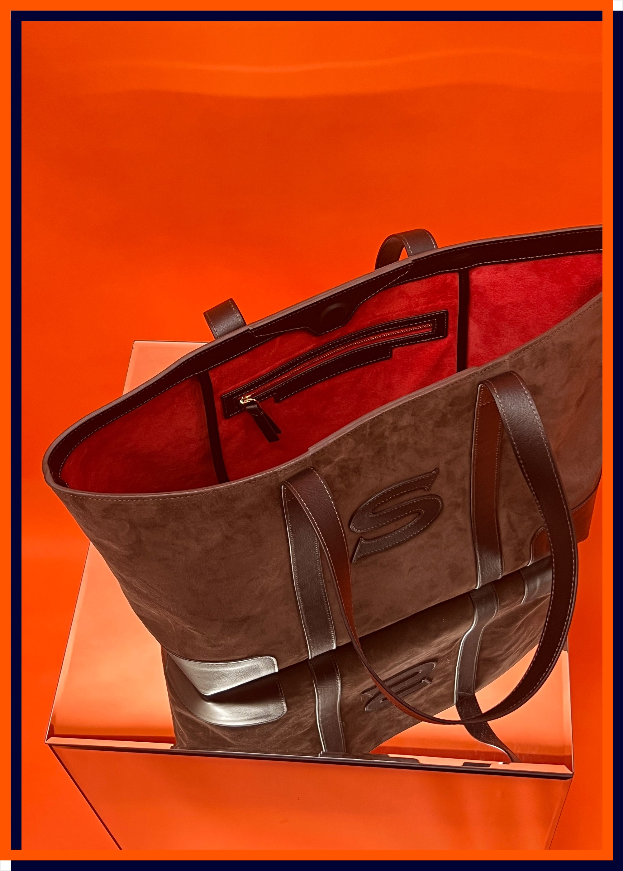 Letter 'S' The Suede Tote Bag, Chocolate, Red lining